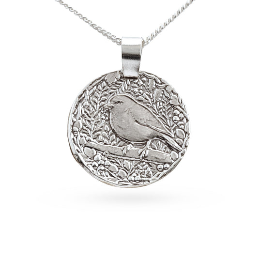 Sterling silver engraved robin coin pendant necklace, handcrafted in the UK from recycled sterling silver
