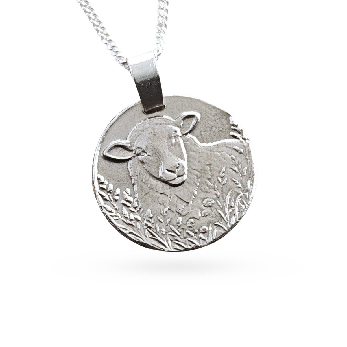 Sterling silver engraved sheep coin pendant necklace, handcrafted in the UK from recycled sterling silver