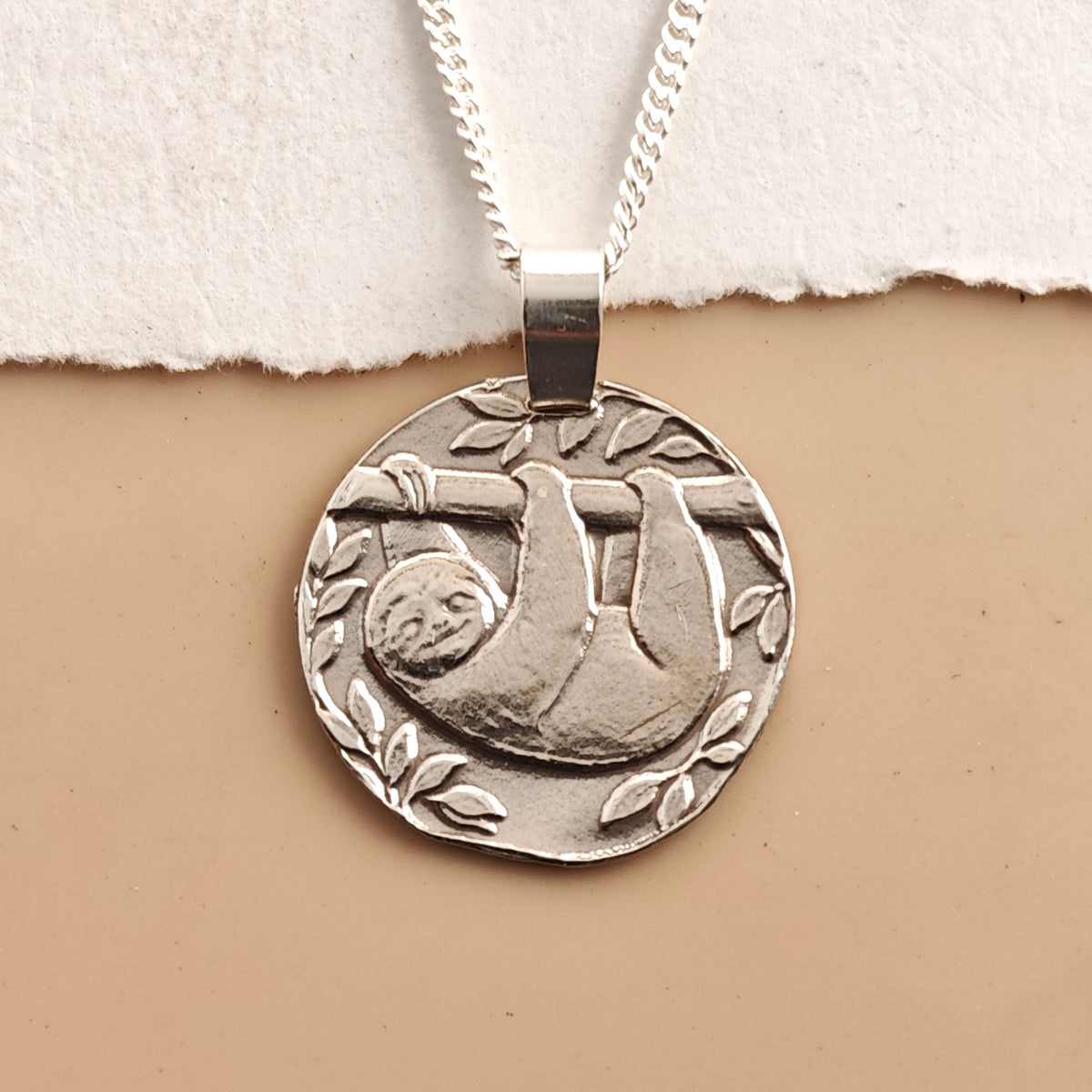 Sloth Coin Necklace – Deep Engraved Recycled Sterling Silver