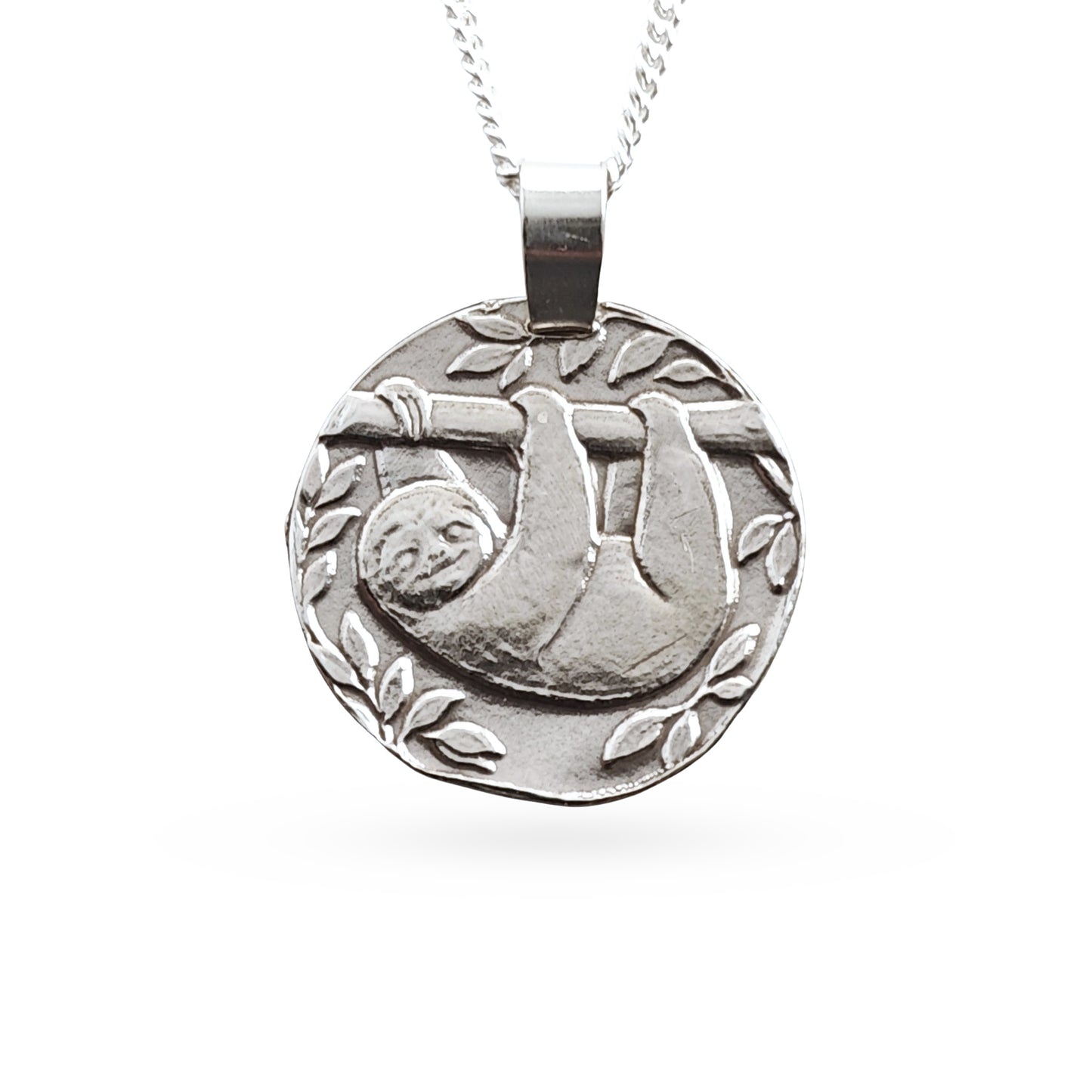 Sloth Engraved Sterling Silver Coin Necklace