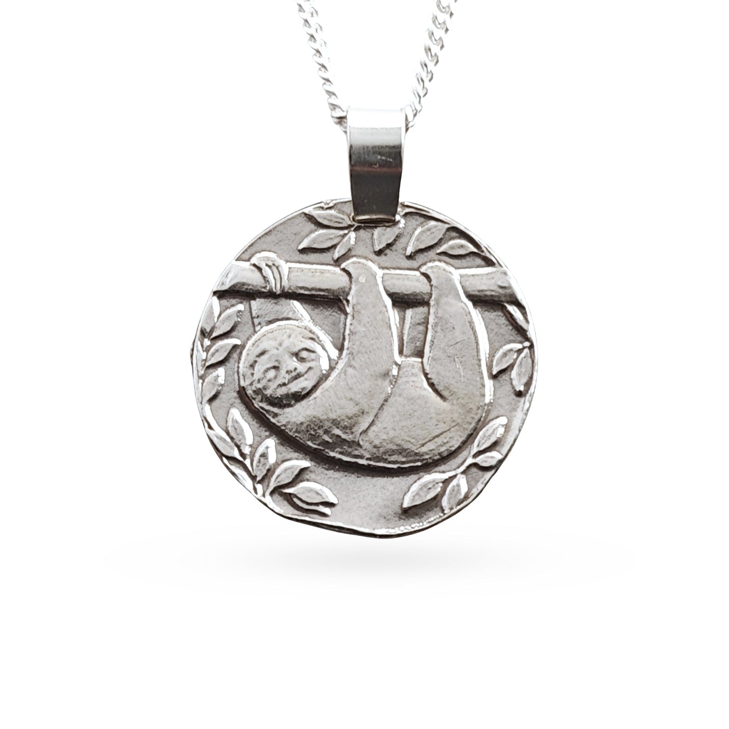 Sterling silver engraved sloth coin pendant necklace, handcrafted in the UK from recycled sterling silver