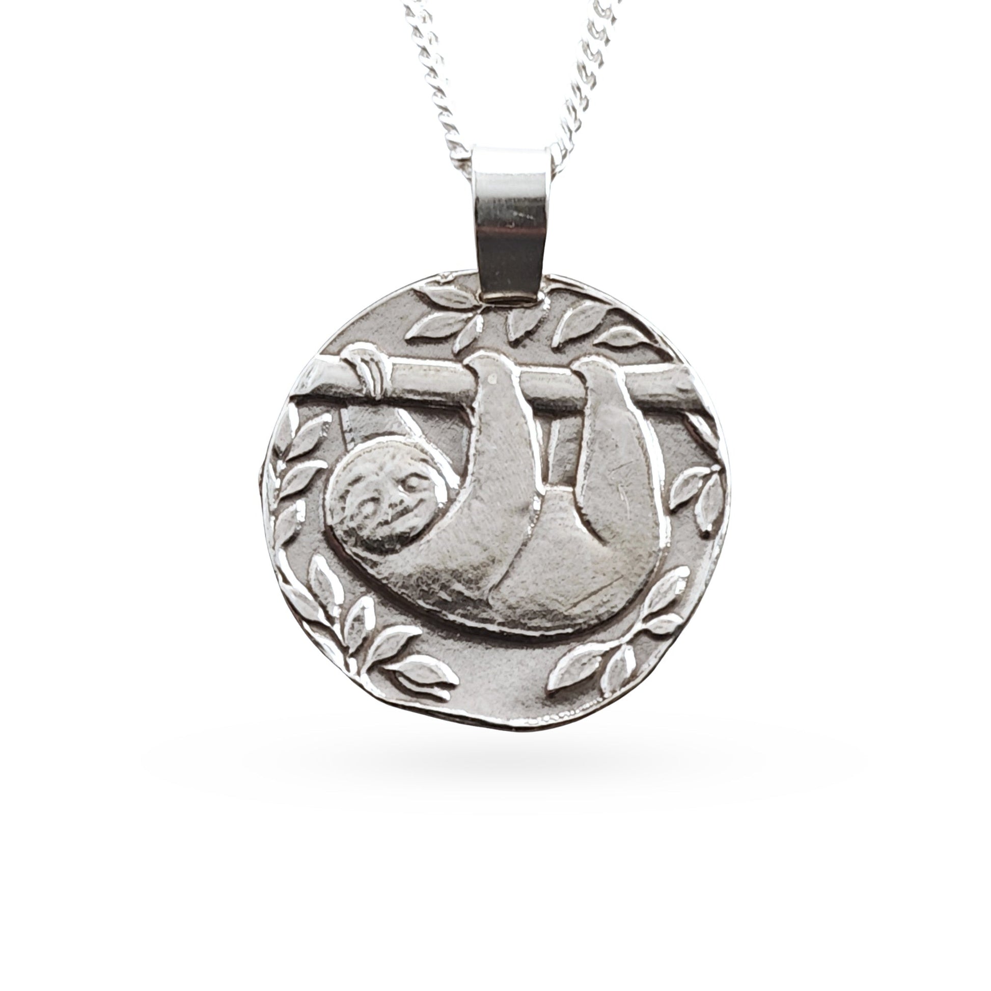 Sterling silver engraved sloth coin pendant necklace, handcrafted in the UK from recycled sterling silver