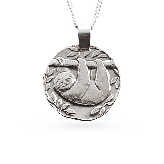 Sterling silver engraved sloth coin pendant necklace, handcrafted in the UK from recycled sterling silver