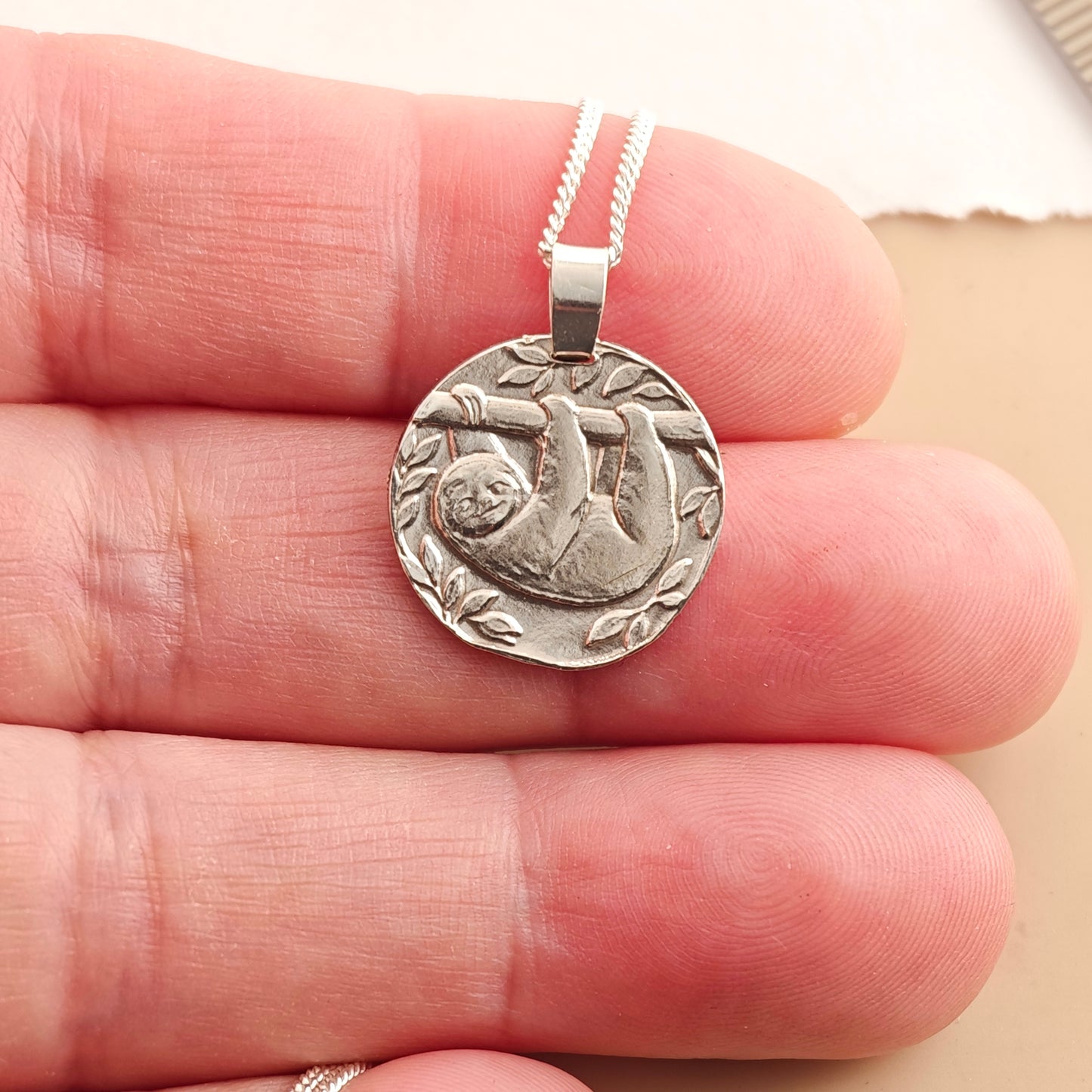 Sloth Engraved Sterling Silver Coin Necklace