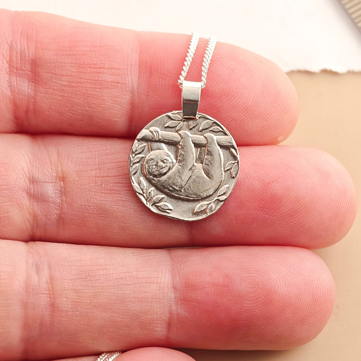 Sloth Coin Necklace – Deep Engraved Recycled Sterling Silver