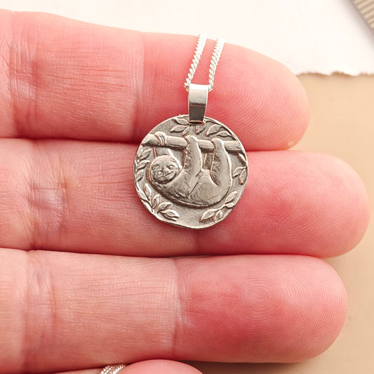 Sloth Engraved Sterling Silver Coin Necklace