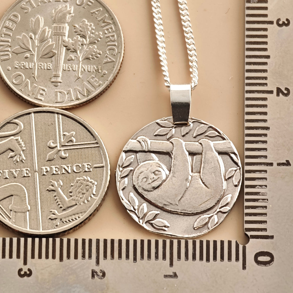 Sloth Coin Necklace – Deep Engraved Recycled Sterling Silver