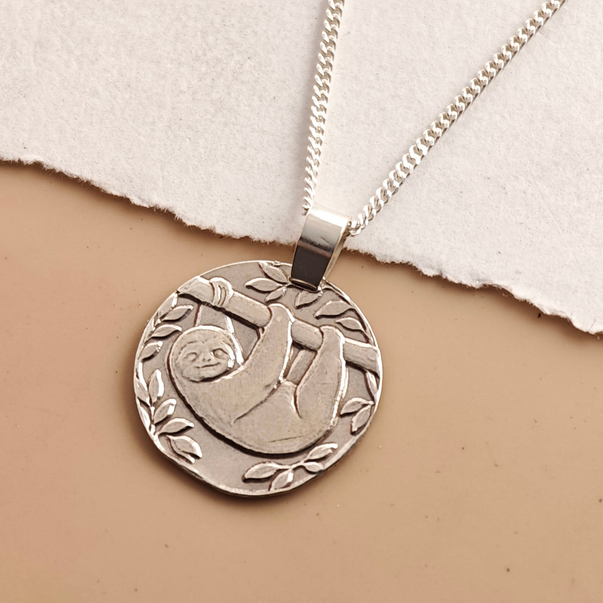 Sloth Coin Necklace – Deep Engraved Recycled Sterling Silver