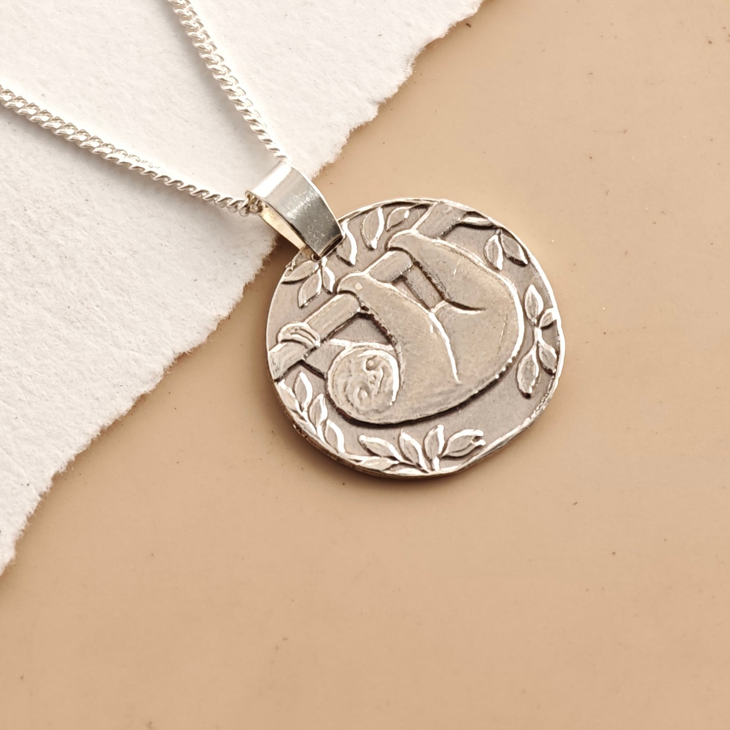 Sloth Engraved Sterling Silver Coin Necklace