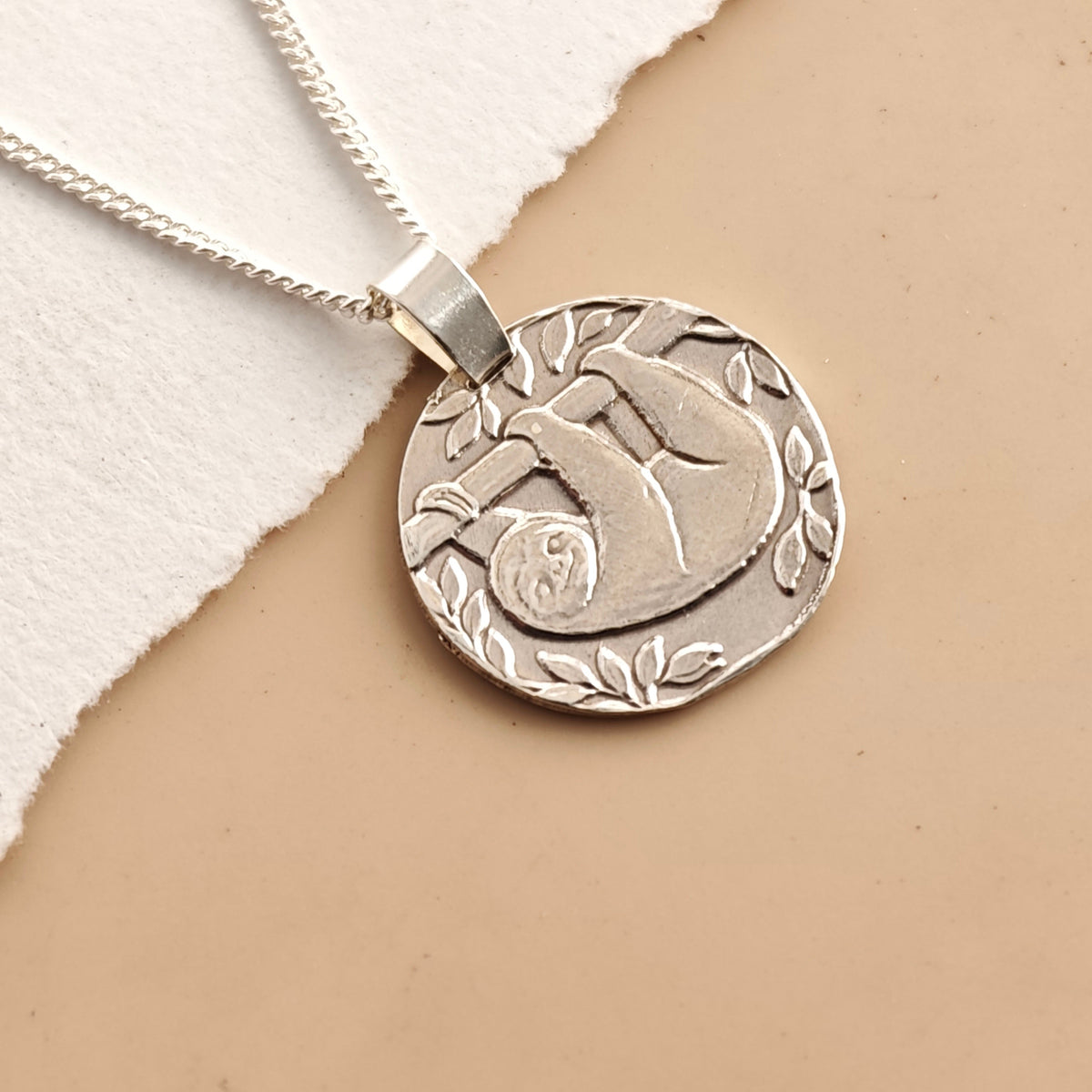 Sloth Coin Necklace – Deep Engraved Recycled Sterling Silver