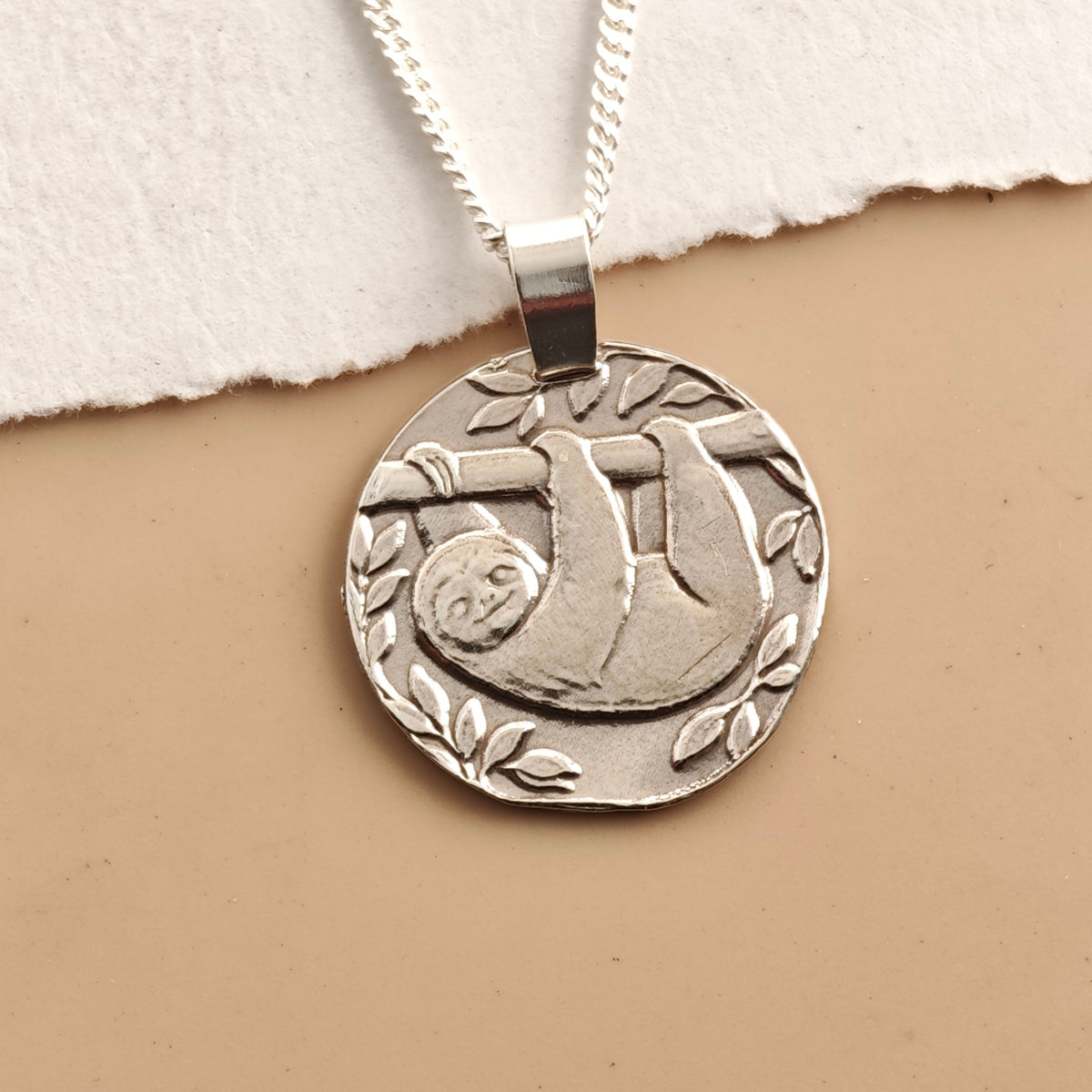Sloth Coin Necklace – Deep Engraved Recycled Sterling Silver