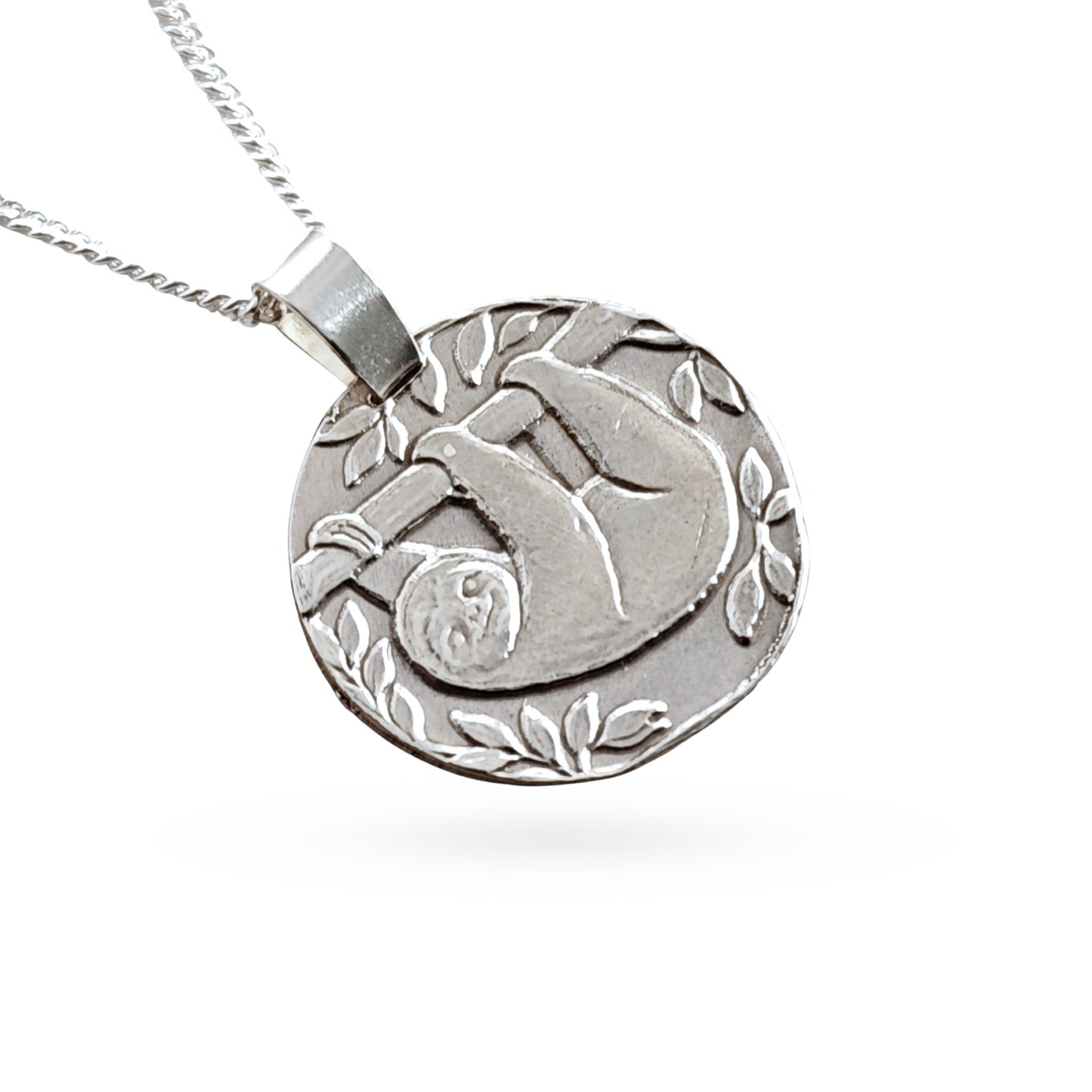 Sloth Engraved Sterling Silver Coin Necklace
