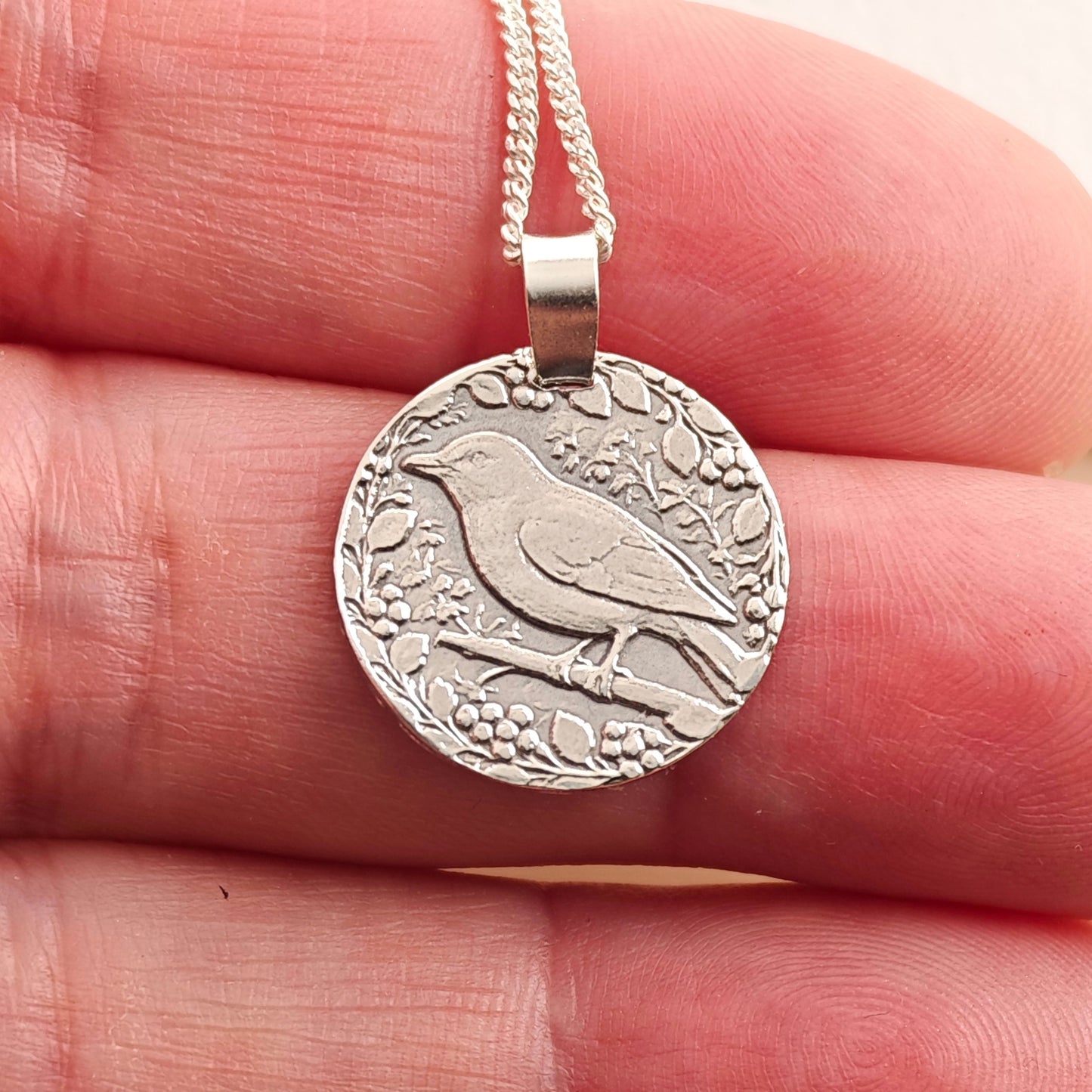 Songbird Engraved Sterling Silver Coin Necklace