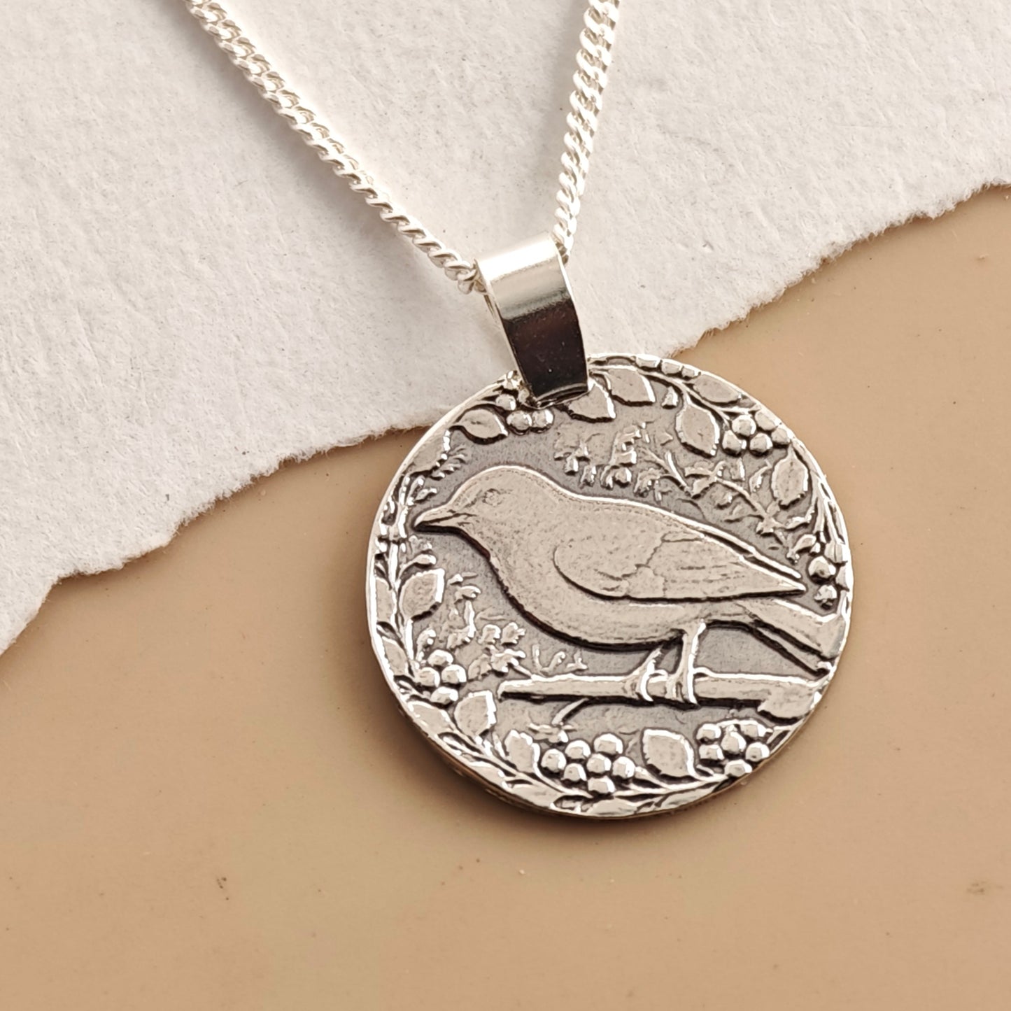 Songbird Engraved Sterling Silver Coin Necklace