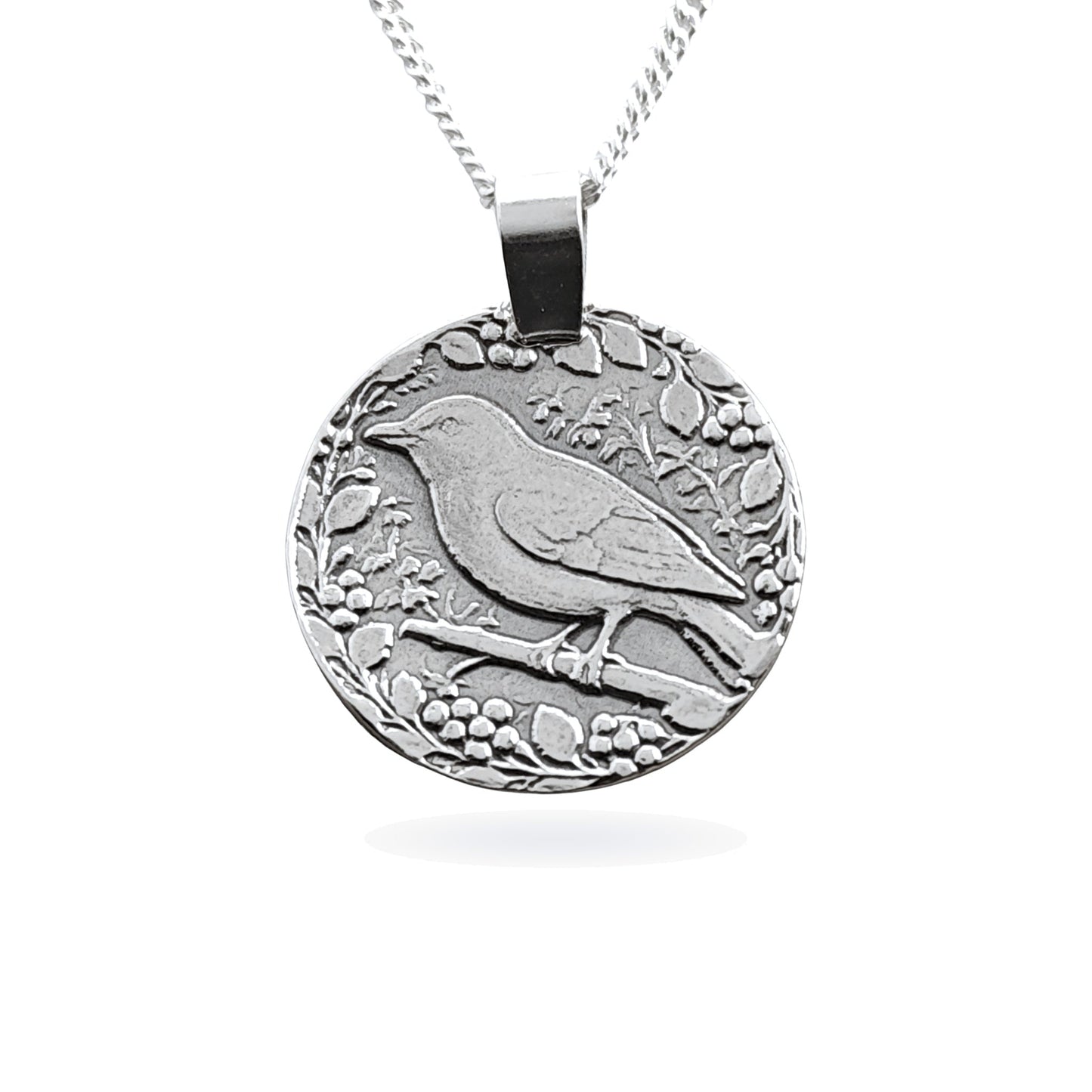 Sterling silver engraved songbird coin pendant necklace, handcrafted in the UK from recycled sterling silver