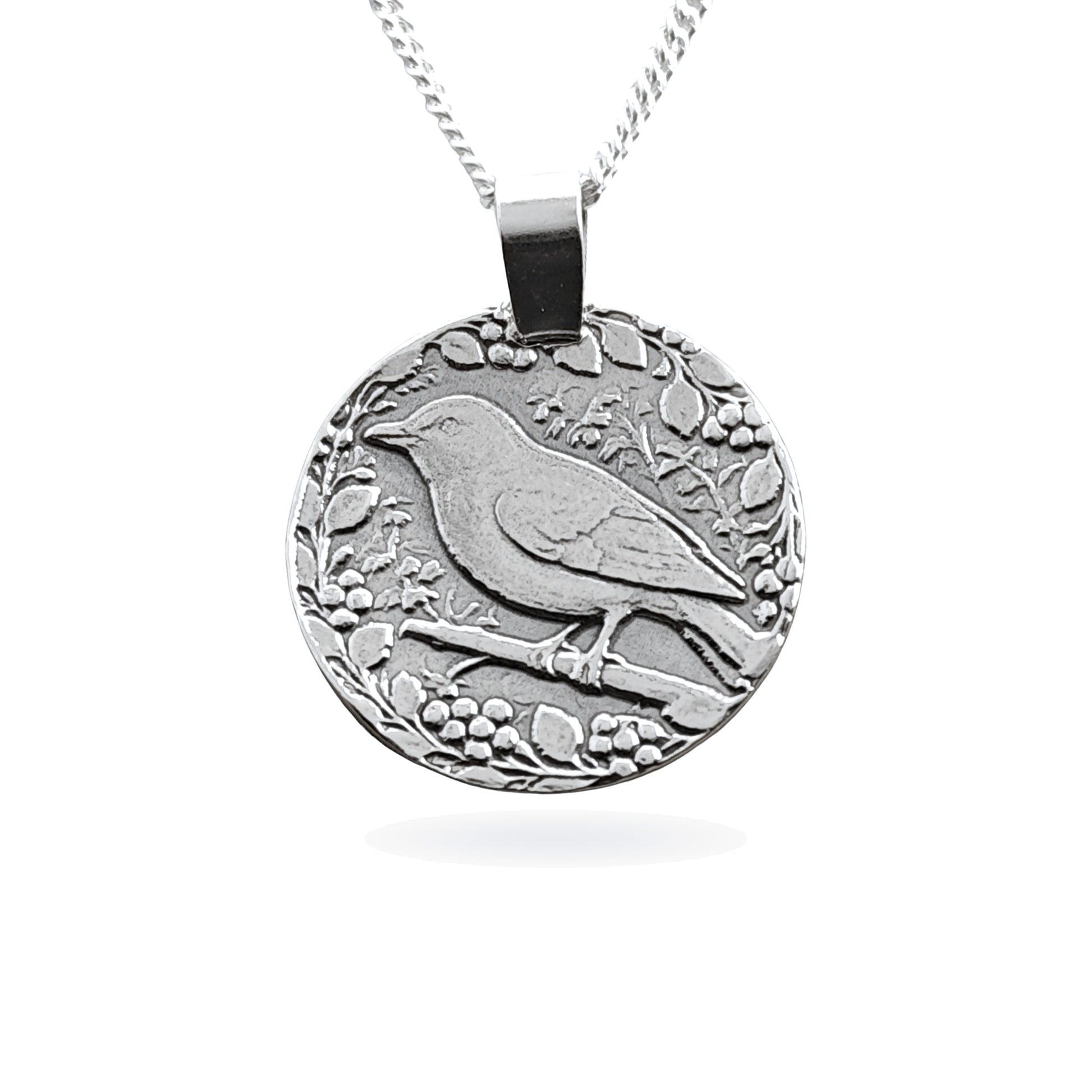 Sterling silver engraved songbird coin pendant necklace, handcrafted in the UK from recycled sterling silver