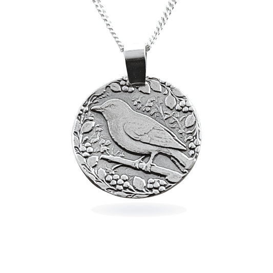 Sterling silver engraved songbird coin pendant necklace, handcrafted in the UK from recycled sterling silver