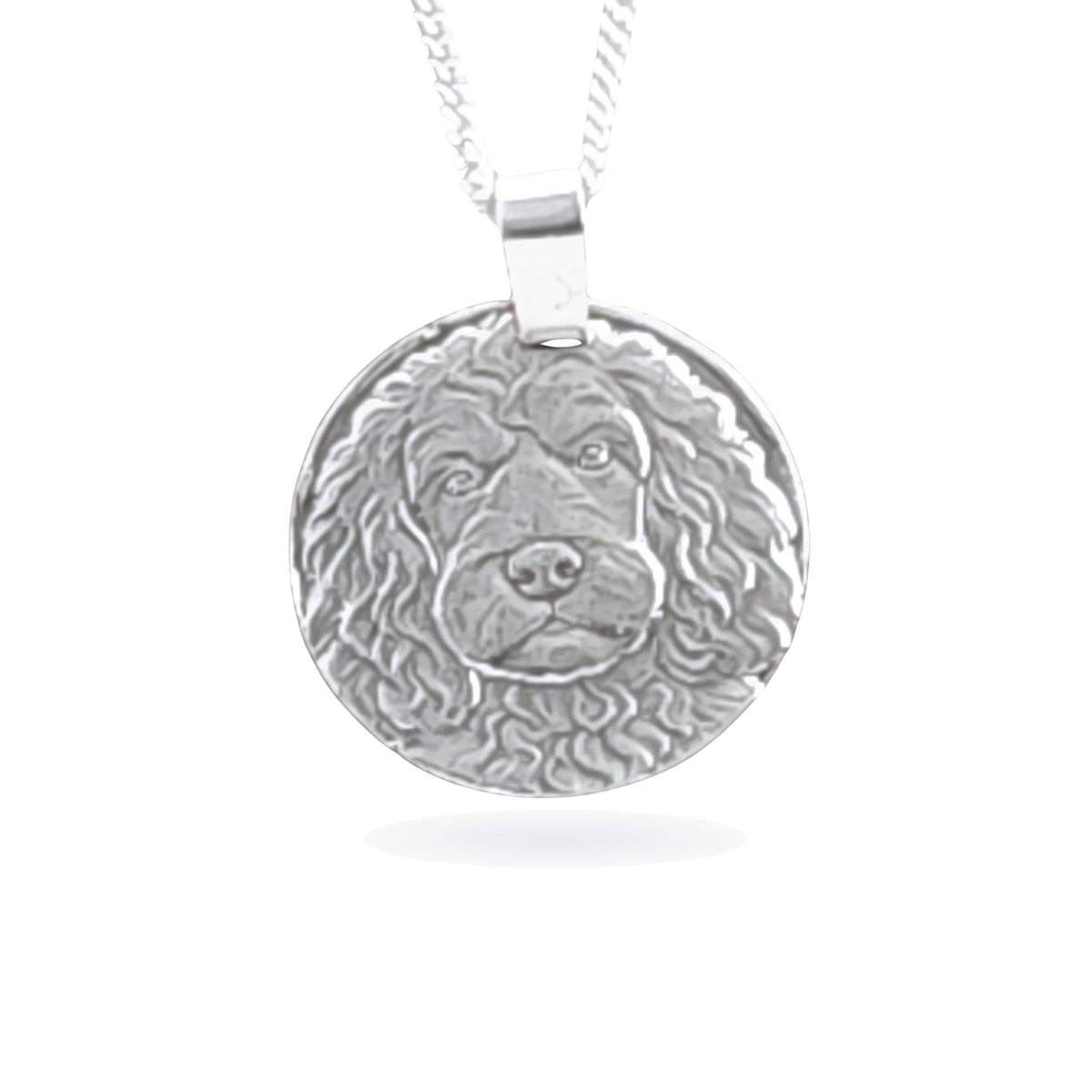 Sterling silver engraved spaniel coin pendant necklace, handcrafted in the UK from recycled sterling silver