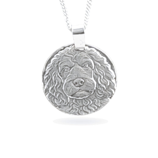 Sterling silver engraved spaniel coin pendant necklace, handcrafted in the UK from recycled sterling silver