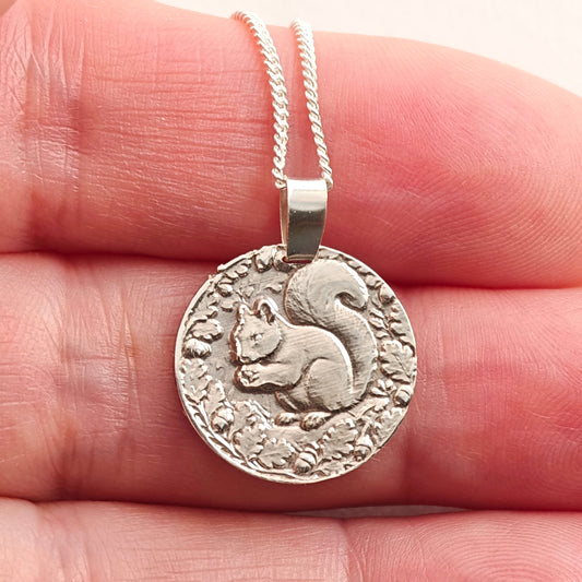 Squirrel Engraved Sterling Silver Coin Necklace