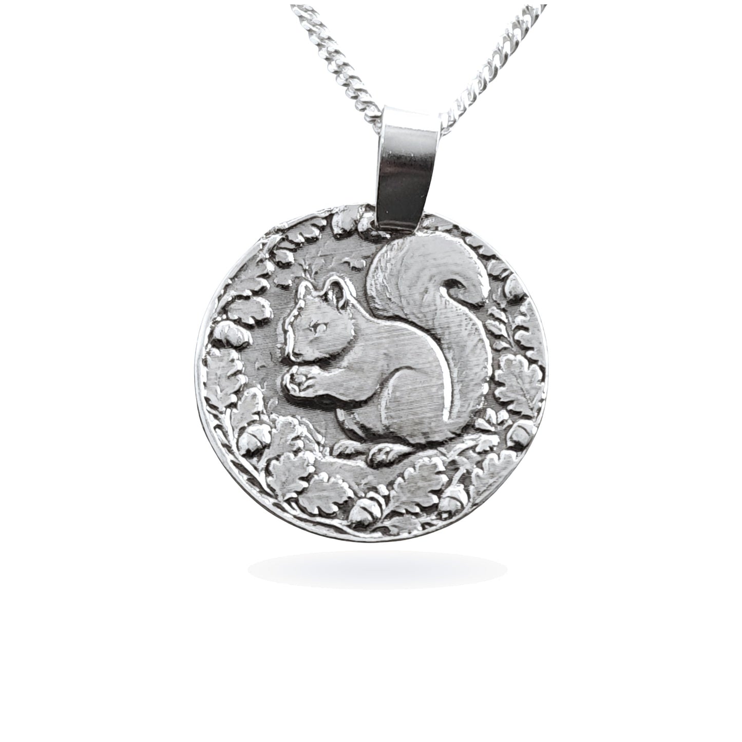 Sterling silver engraved squirrel coin pendant necklace, handcrafted in the UK from recycled sterling silver