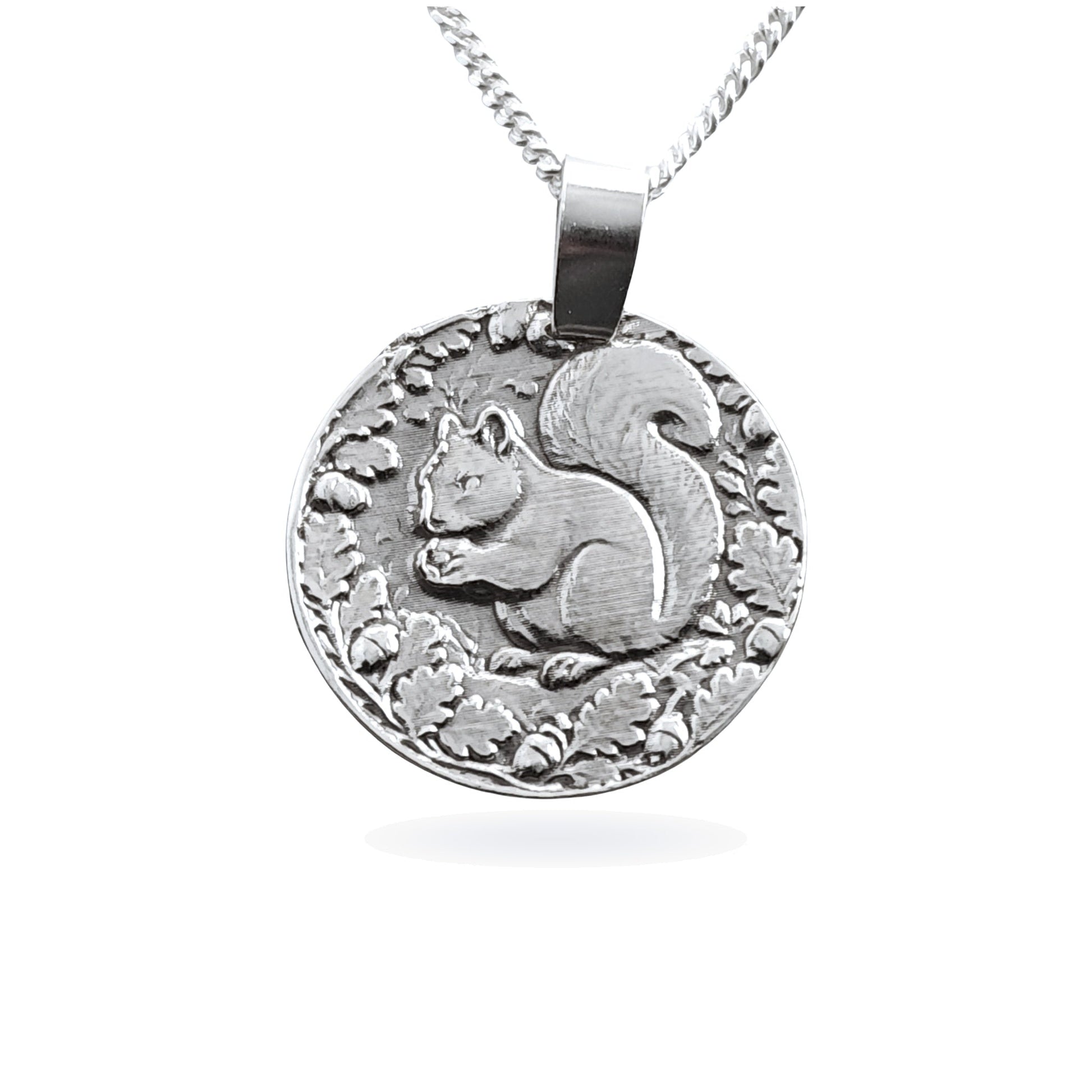 Sterling silver engraved squirrel coin pendant necklace, handcrafted in the UK from recycled sterling silver
