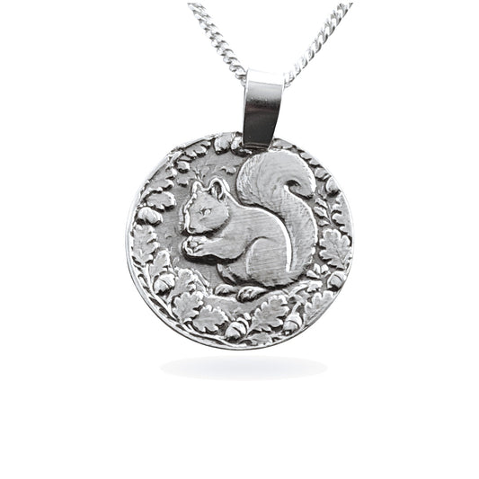 Sterling silver engraved squirrel coin pendant necklace, handcrafted in the UK from recycled sterling silver