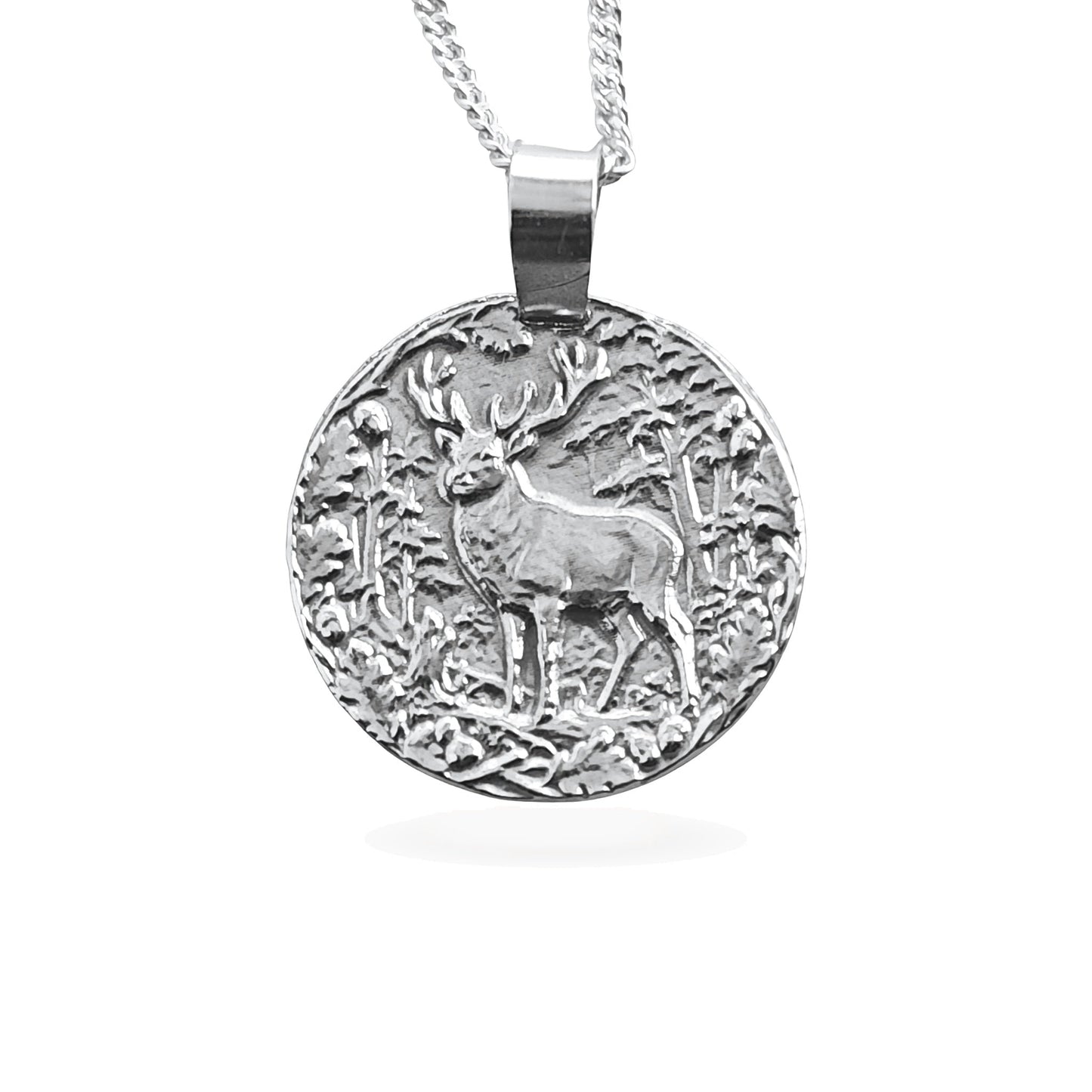 Sterling silver engraved stag coin pendant necklace, handcrafted in the UK from recycled sterling silver