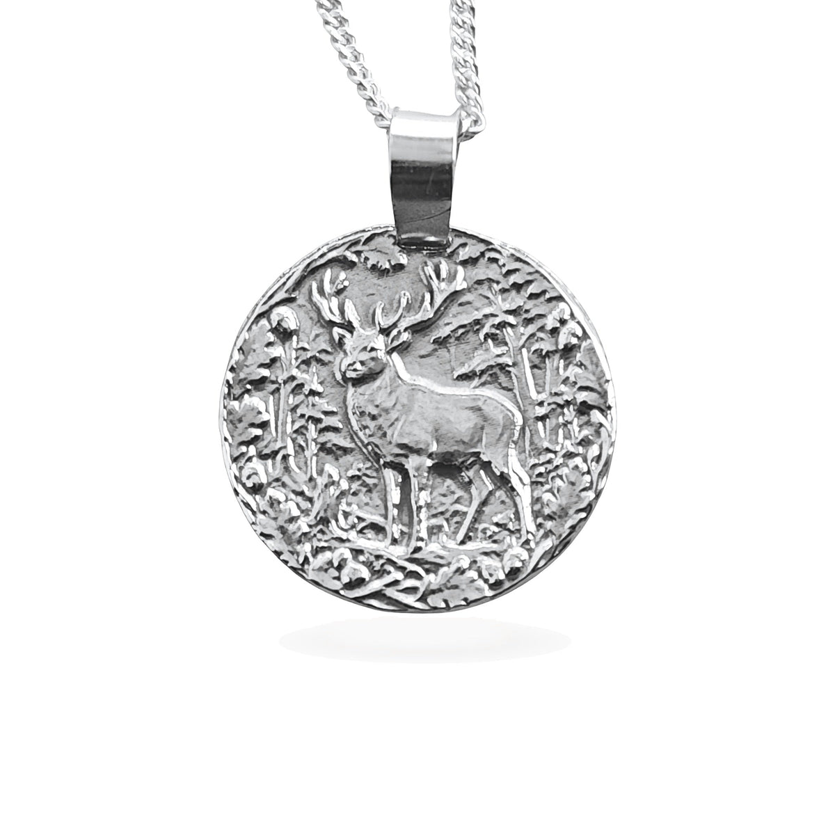 Sterling silver engraved stag coin pendant necklace, handcrafted in the UK from recycled sterling silver