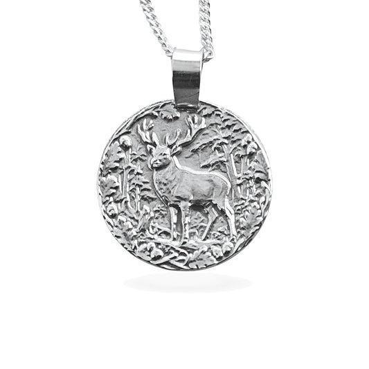 Sterling silver engraved stag coin pendant necklace, handcrafted in the UK from recycled sterling silver