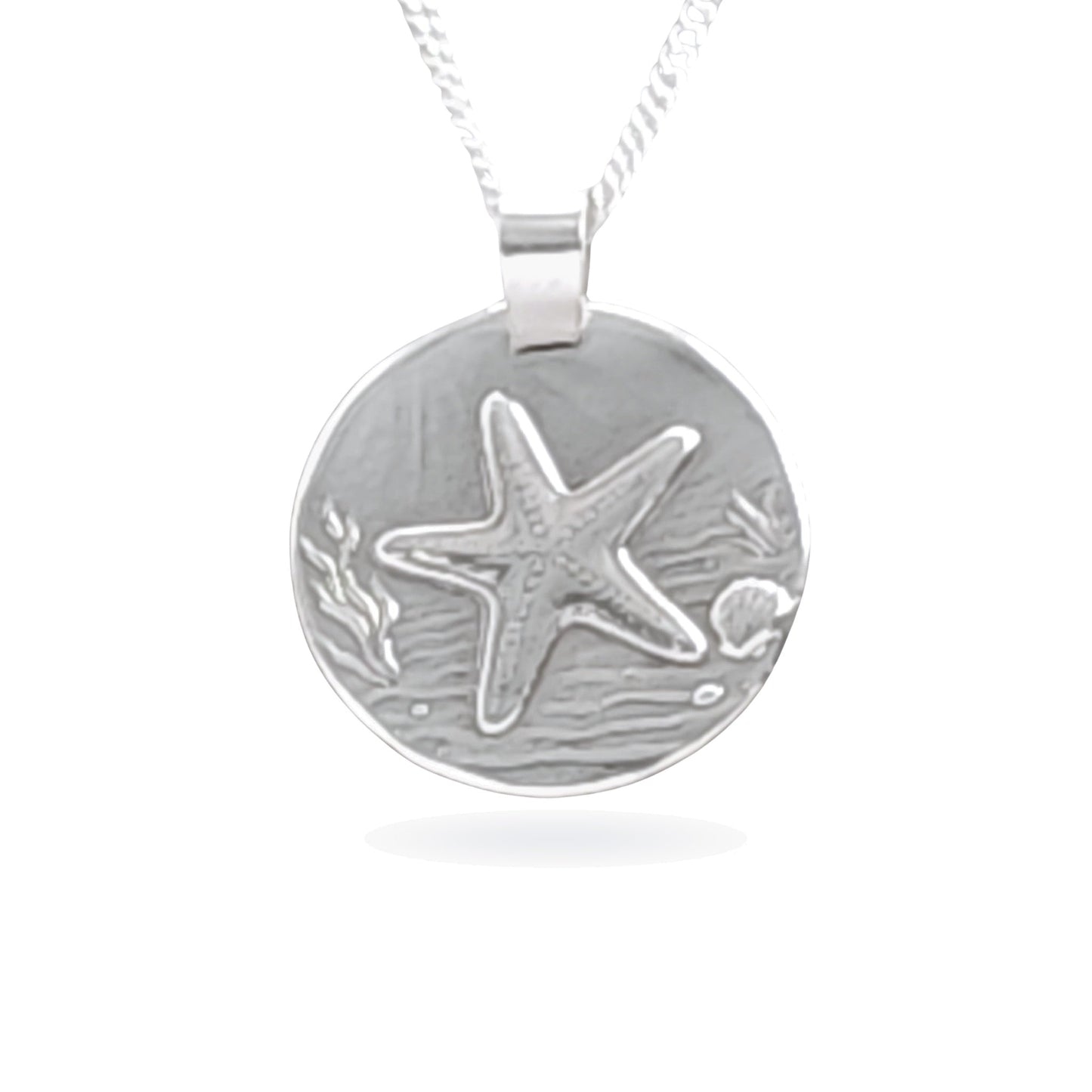 Sterling silver engraved starfish coin pendant necklace, handcrafted in the UK from recycled sterling silver