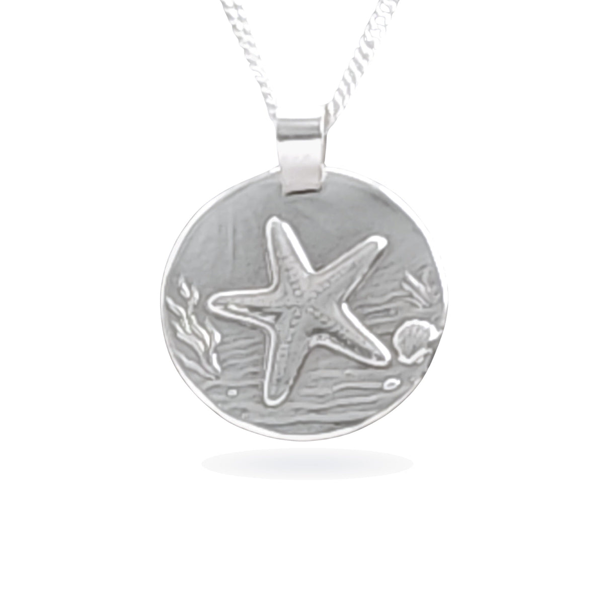 Sterling silver engraved starfish coin pendant necklace, handcrafted in the UK from recycled sterling silver