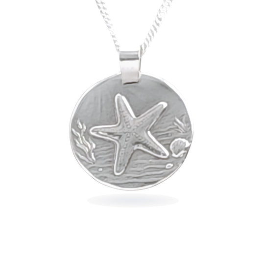 Sterling silver engraved starfish coin pendant necklace, handcrafted in the UK from recycled sterling silver