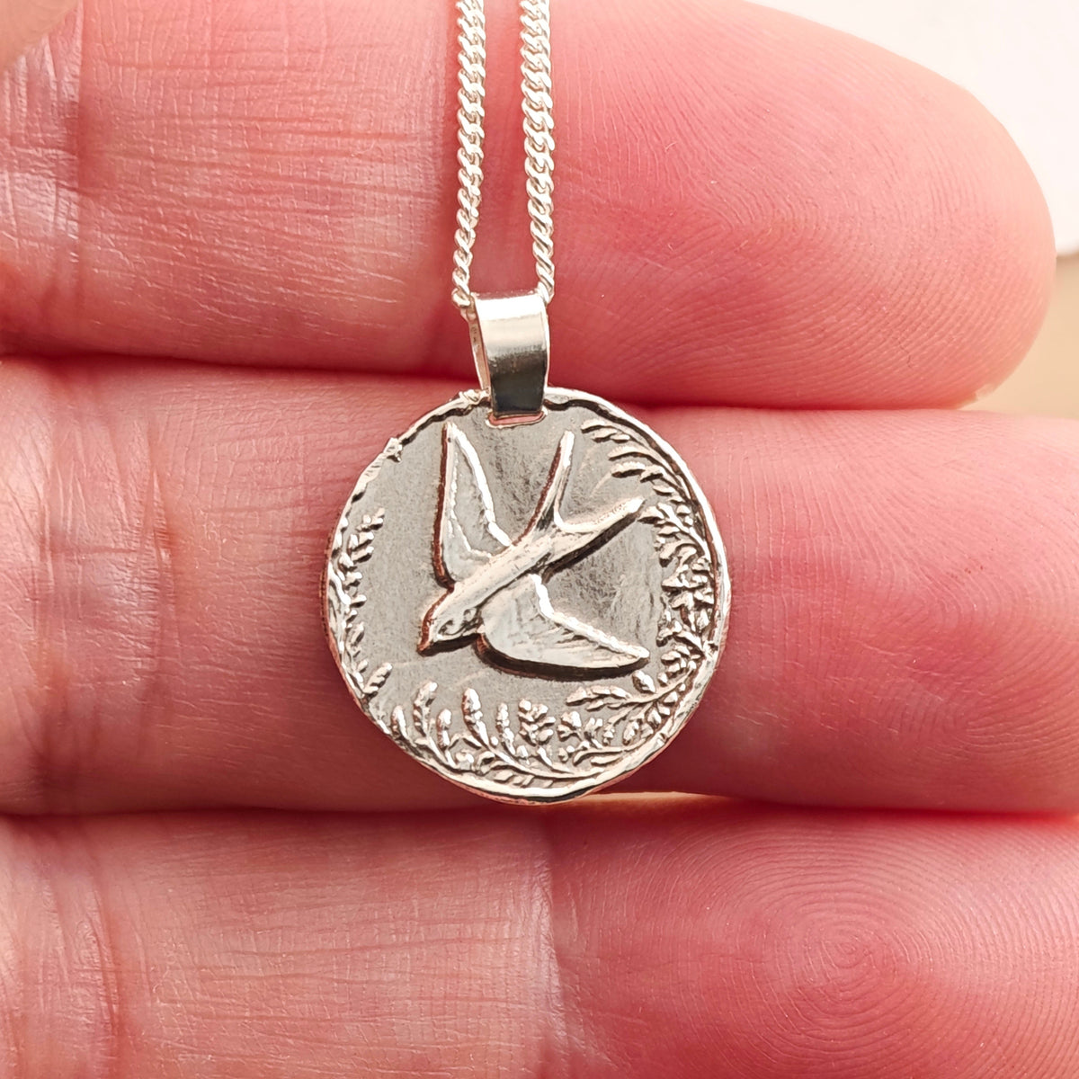 Swallow Coin Necklace – Deep Engraved Recycled Sterling Silver