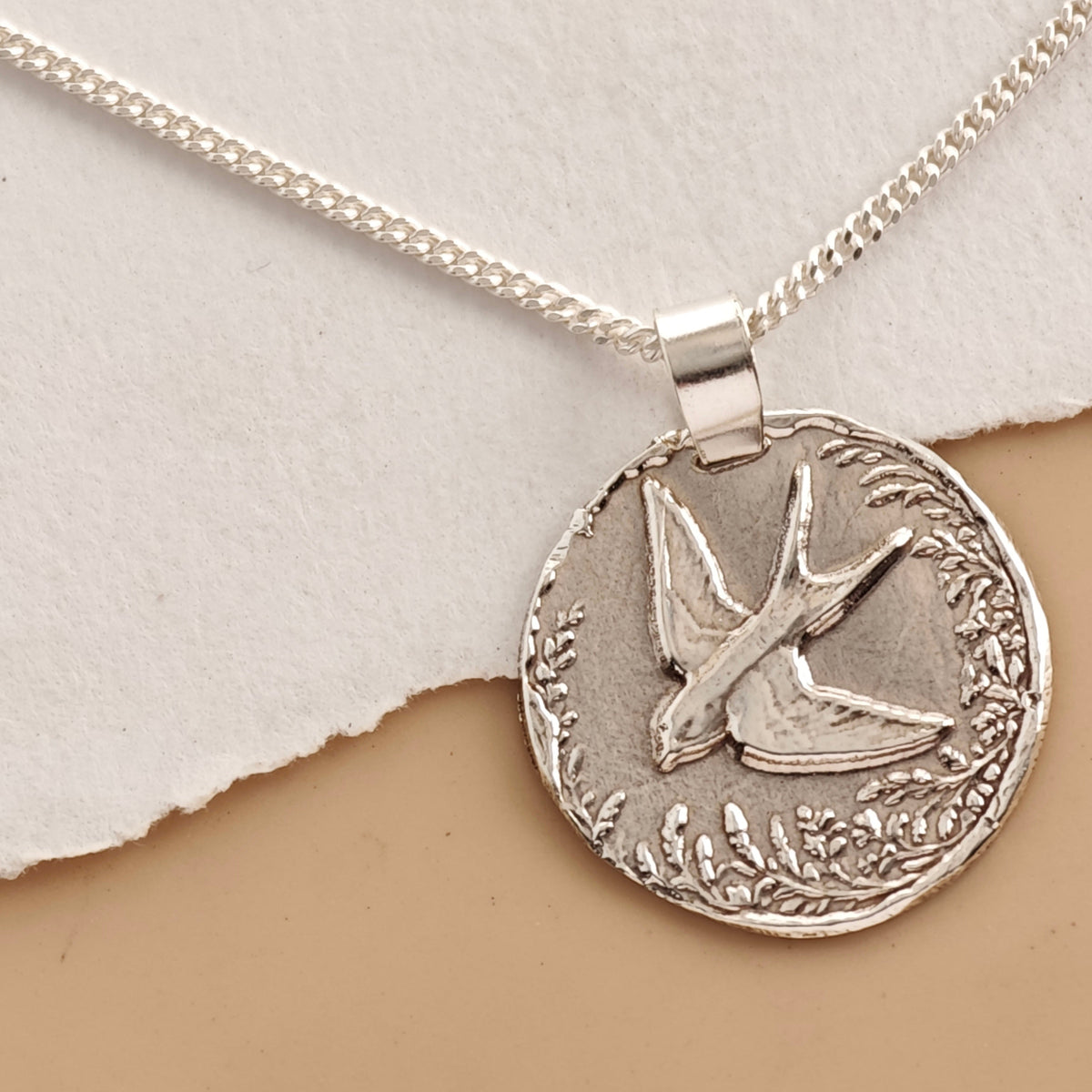 Swallow Coin Necklace – Deep Engraved Recycled Sterling Silver