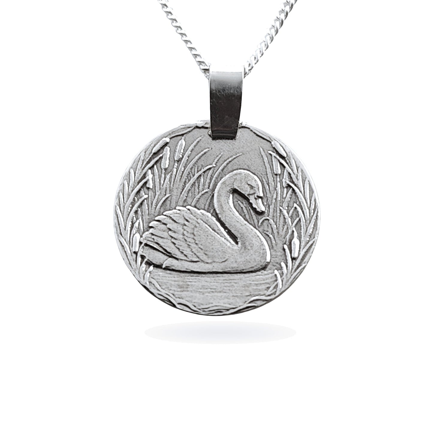 Sterling silver engraved swan coin pendant necklace, handcrafted in the UK from recycled sterling silver