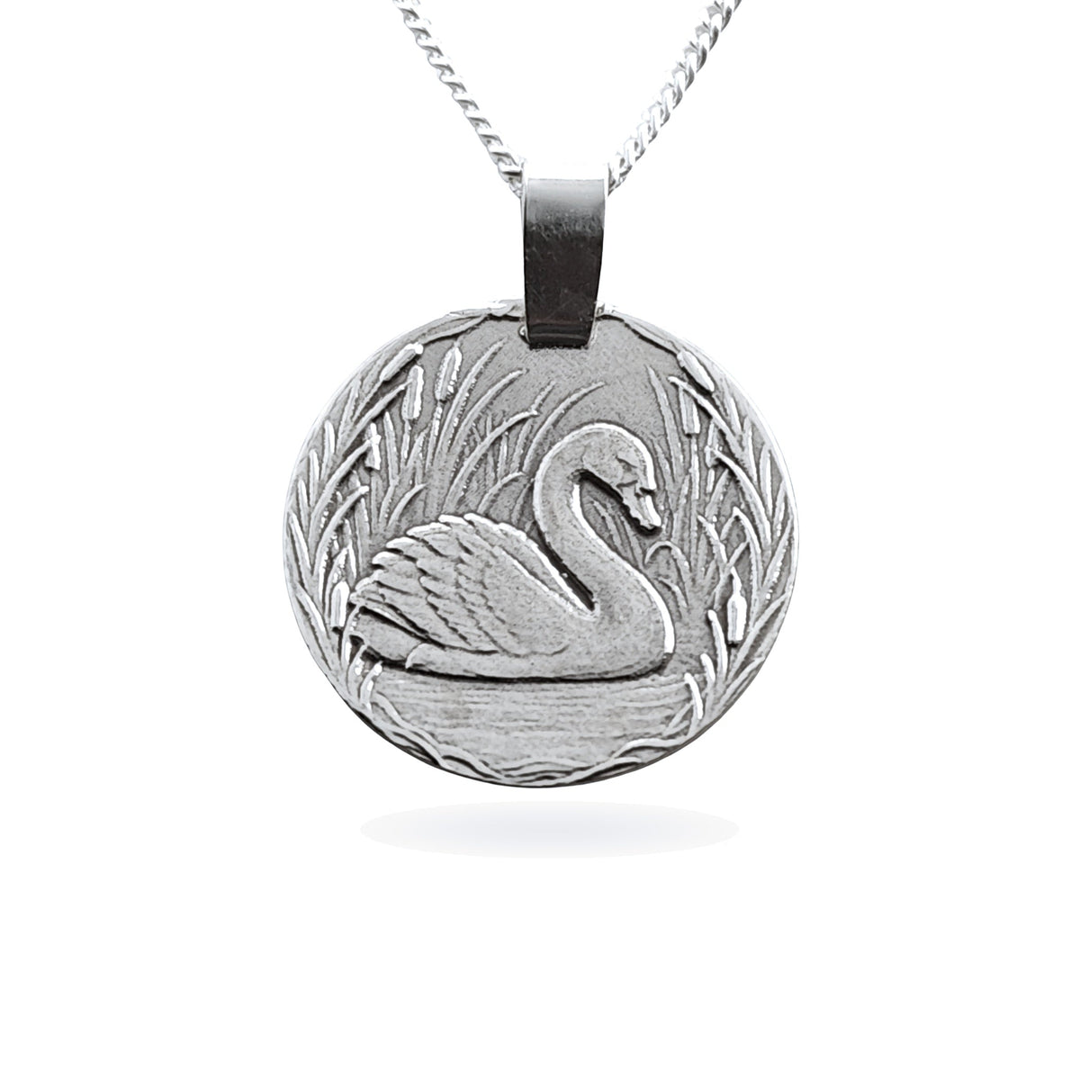 Sterling silver engraved swan coin pendant necklace, handcrafted in the UK from recycled sterling silver