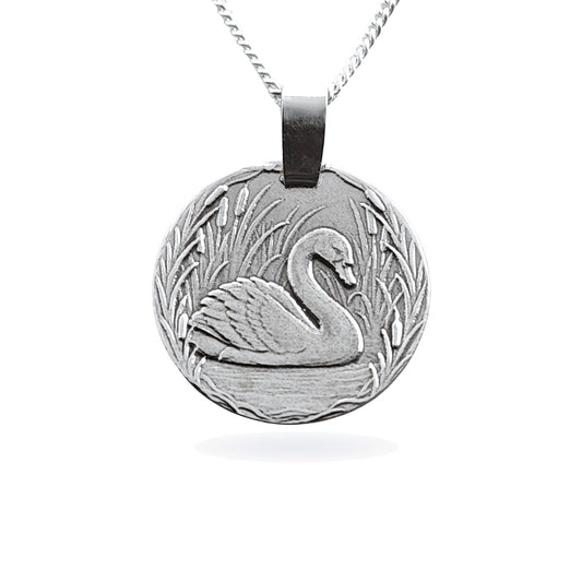 Sterling silver engraved swan coin pendant necklace, handcrafted in the UK from recycled sterling silver