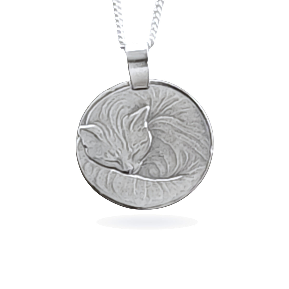 Sterling silver engraved cat coin pendant necklace, handcrafted in the UK from recycled sterling silver