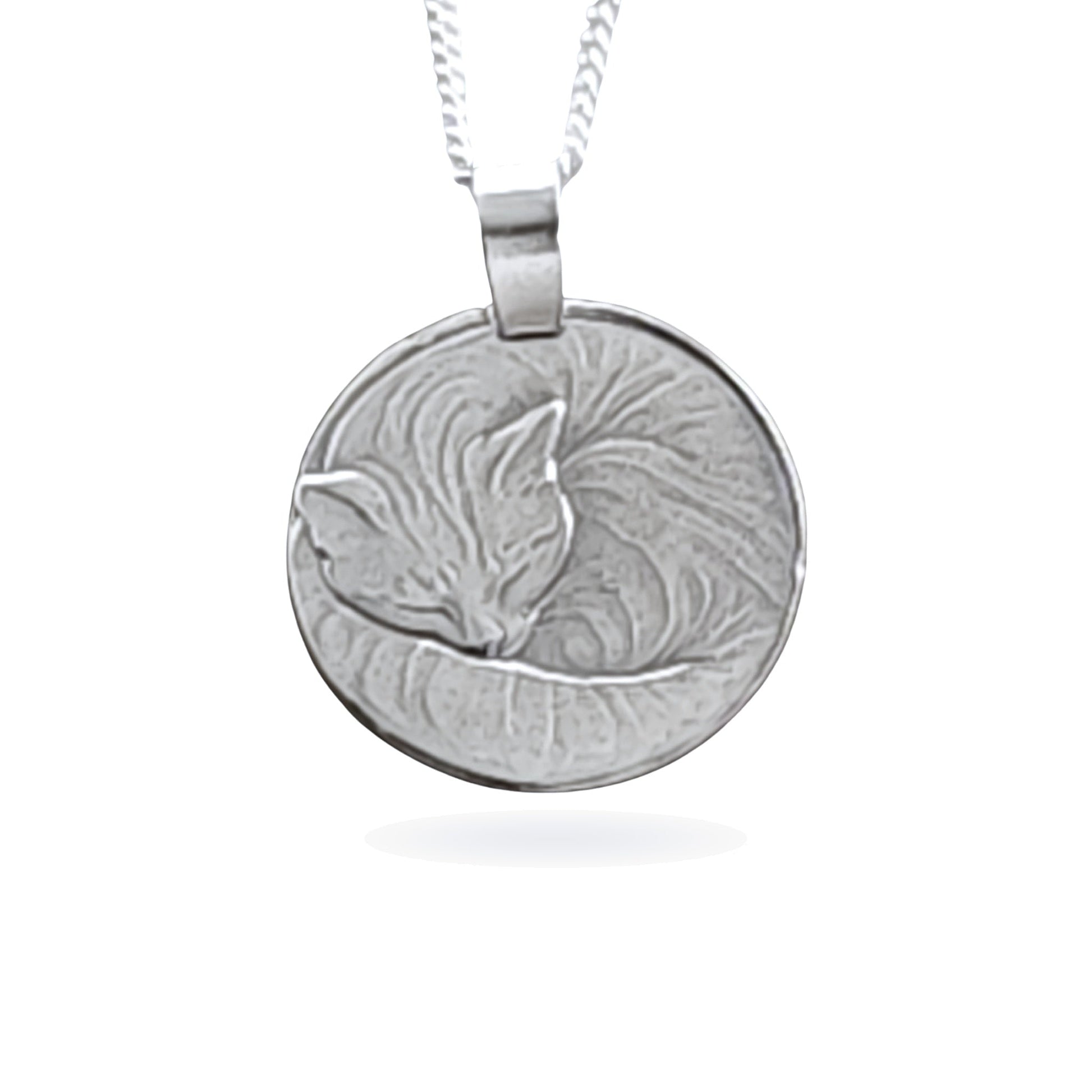 Sterling silver engraved cat coin pendant necklace, handcrafted in the UK from recycled sterling silver