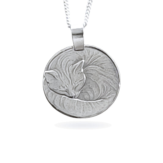 Sterling silver engraved cat coin pendant necklace, handcrafted in the UK from recycled sterling silver