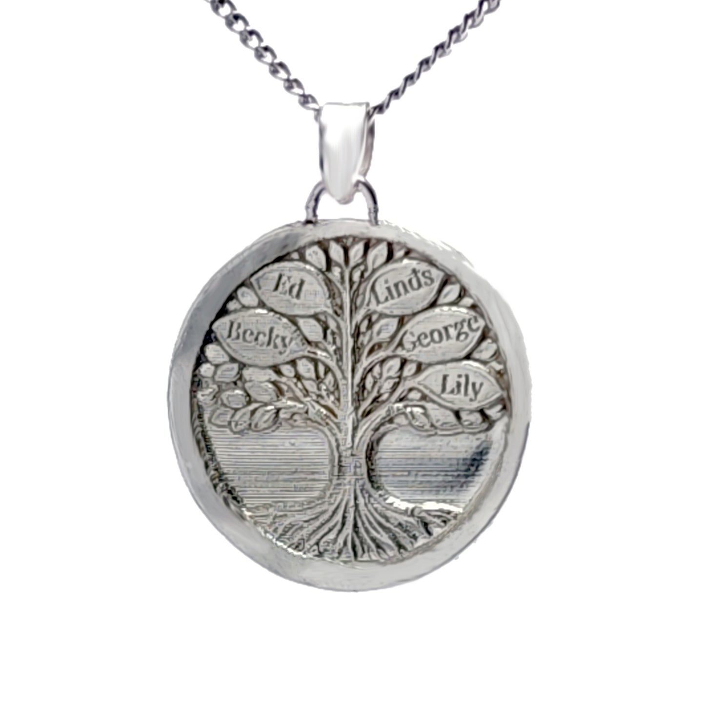 personalised family tree necklace sterling silver engraved names gift handmade uk designed in the UK
