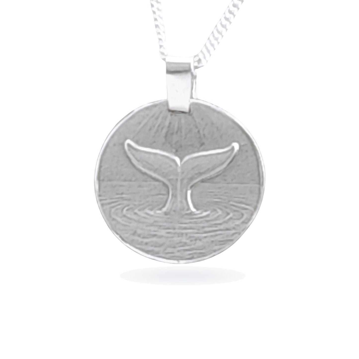 Sterling silver engraved whale tail coin pendant necklace, handcrafted in the UK from recycled sterling silver