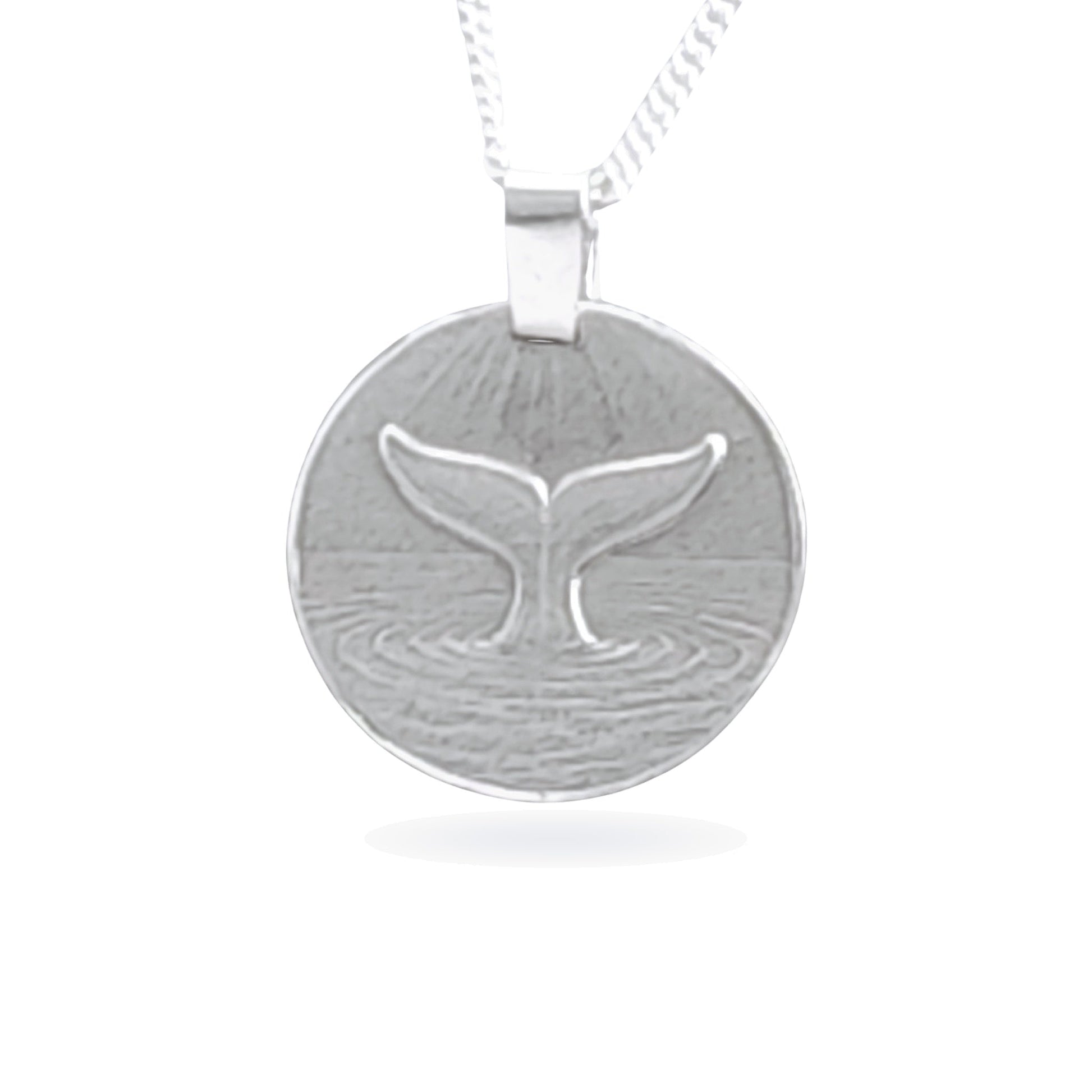 Sterling silver engraved whale tail coin pendant necklace, handcrafted in the UK from recycled sterling silver