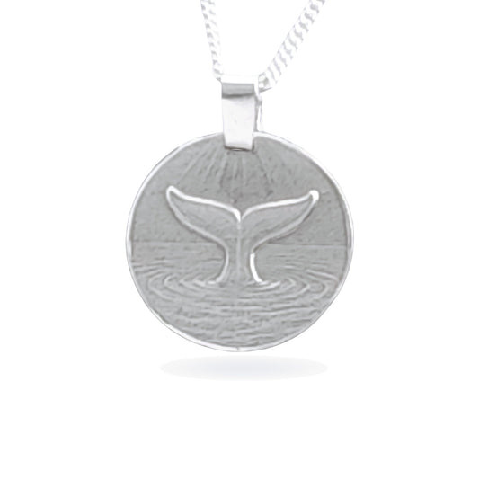 Sterling silver engraved whale tail coin pendant necklace, handcrafted in the UK from recycled sterling silver