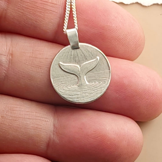 Whale Tail Engraved Sterling Silver Coin Necklace