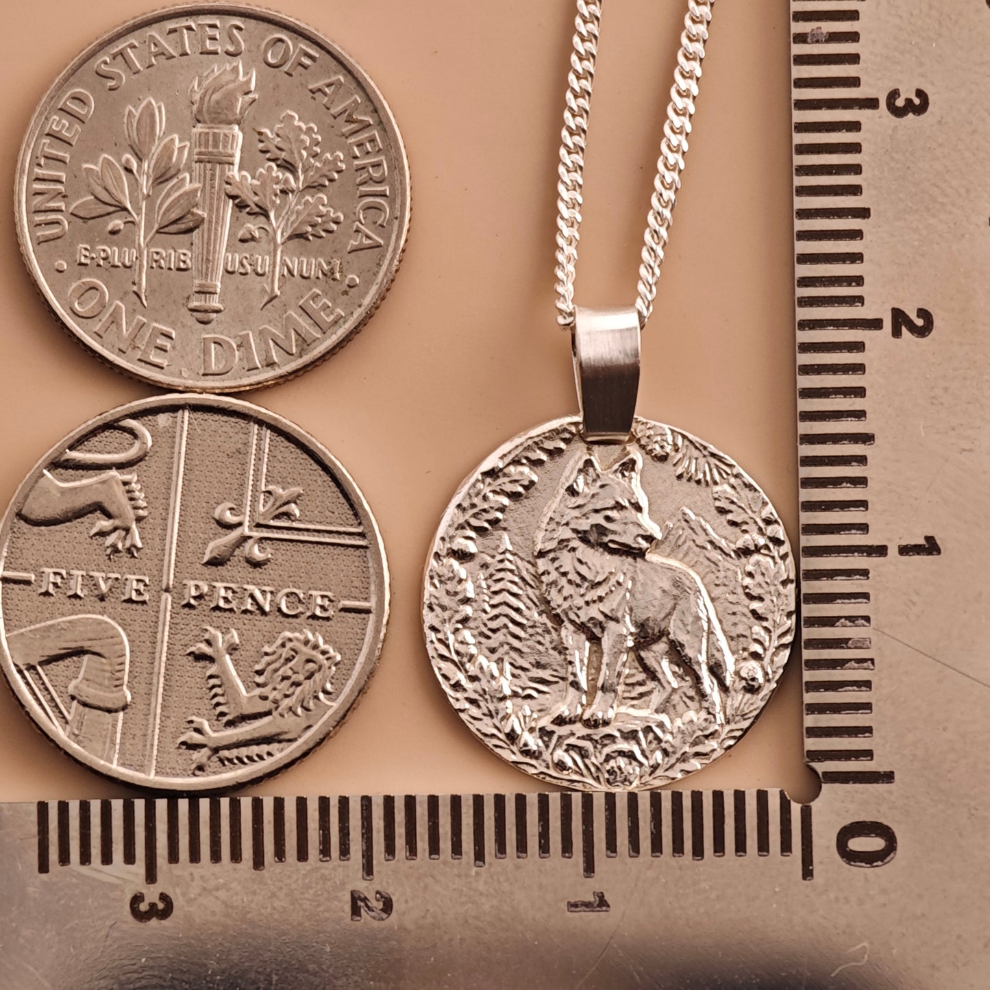 Wolf Engraved Sterling Silver Coin Necklace