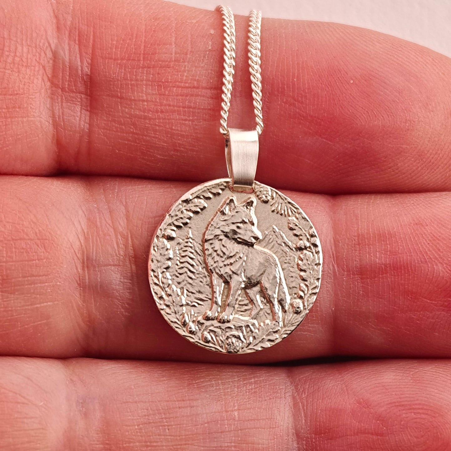 Wolf Engraved Sterling Silver Coin Necklace