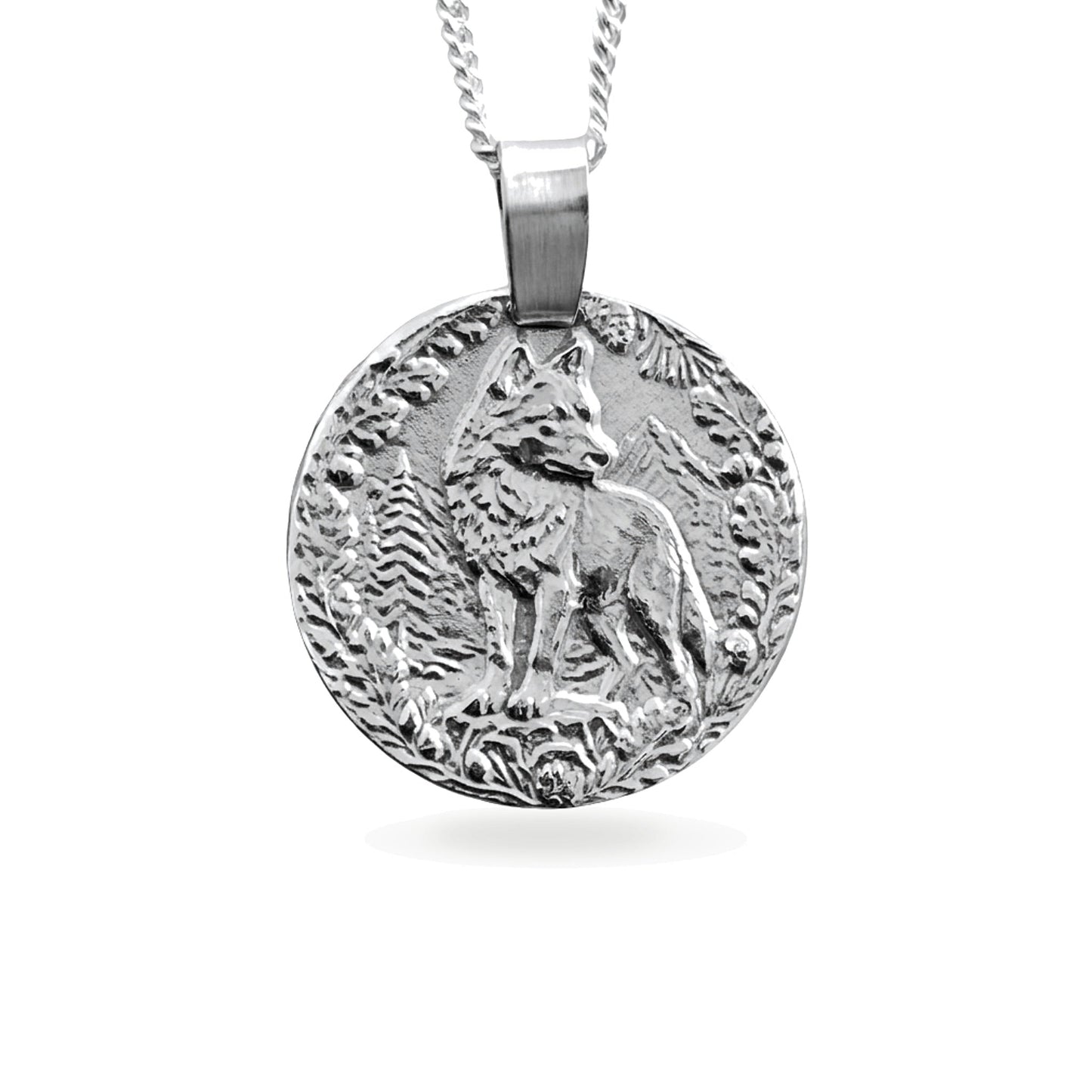 Sterling silver engraved wolf coin pendant necklace, handcrafted in the UK from recycled sterling silver