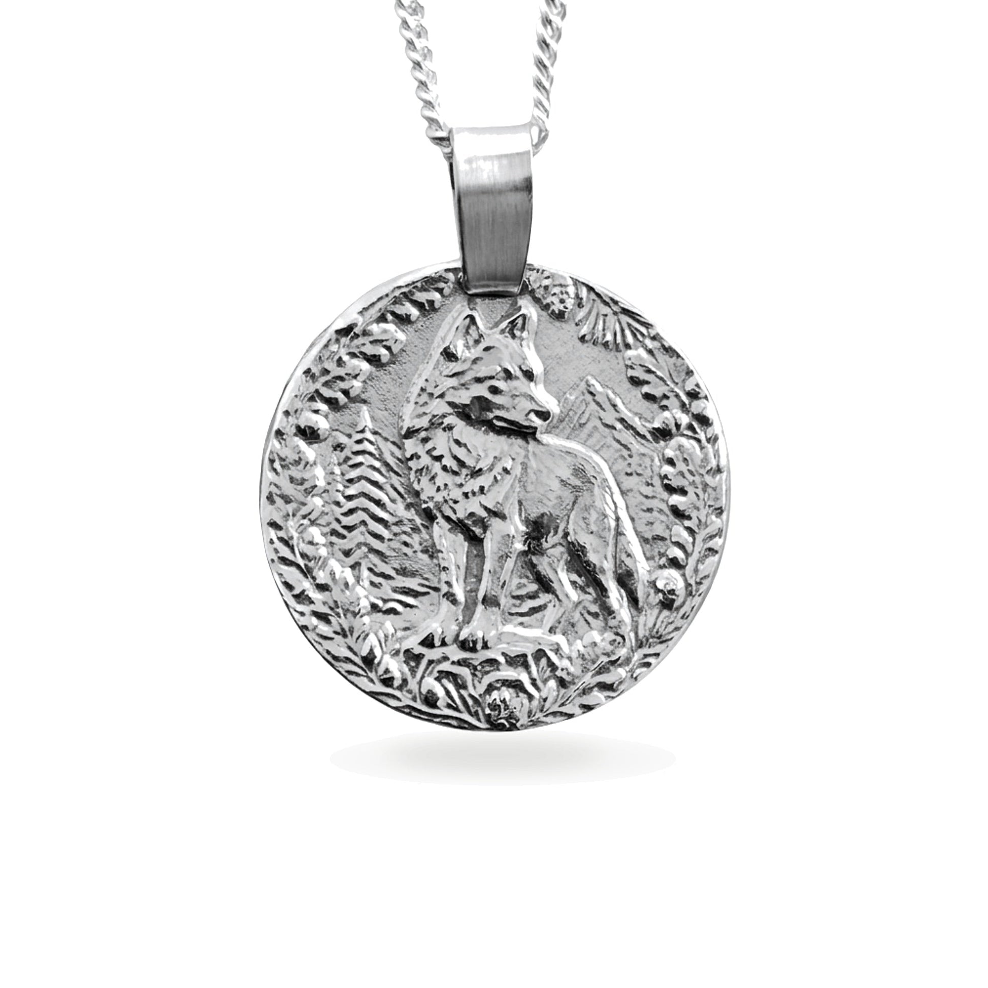 Sterling silver engraved wolf coin pendant necklace, handcrafted in the UK from recycled sterling silver